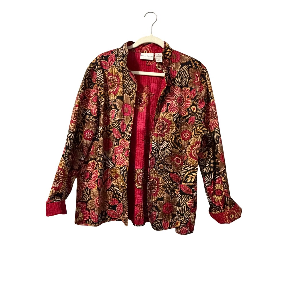 Alfred Dunner Womens Red Floral Quilted Cotton Open Front Jacket Size 18